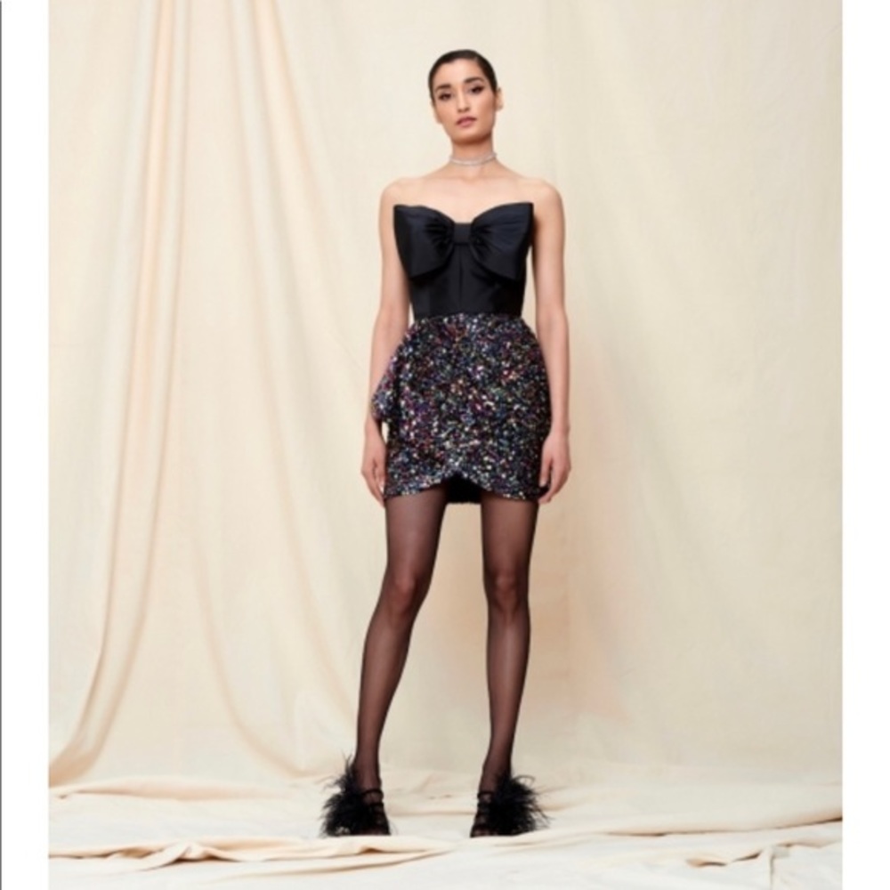 Anthro Atsu STRAPLESS BOW DETAILED MINI DRESS WITH SEQUIN SKIRT Dress size 10